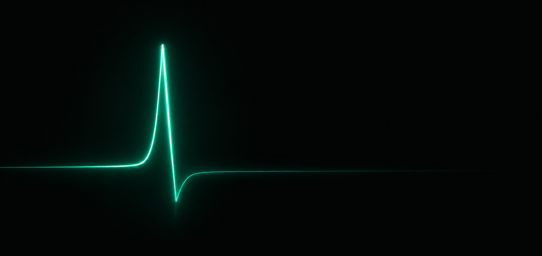 A glowing teal line spiking to a bright peak at the moment of yes, then dropping into a flat dark line through silence