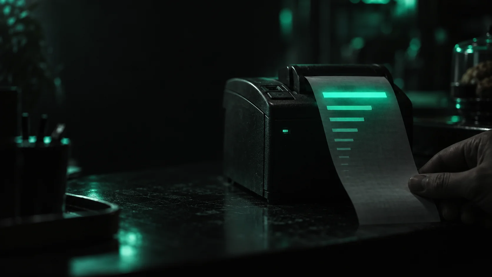 A dark cash-register receipt unspooling downward, the top line glowing bright teal, each line below it printing smaller and dimmer until the last ones nearly vanish into black