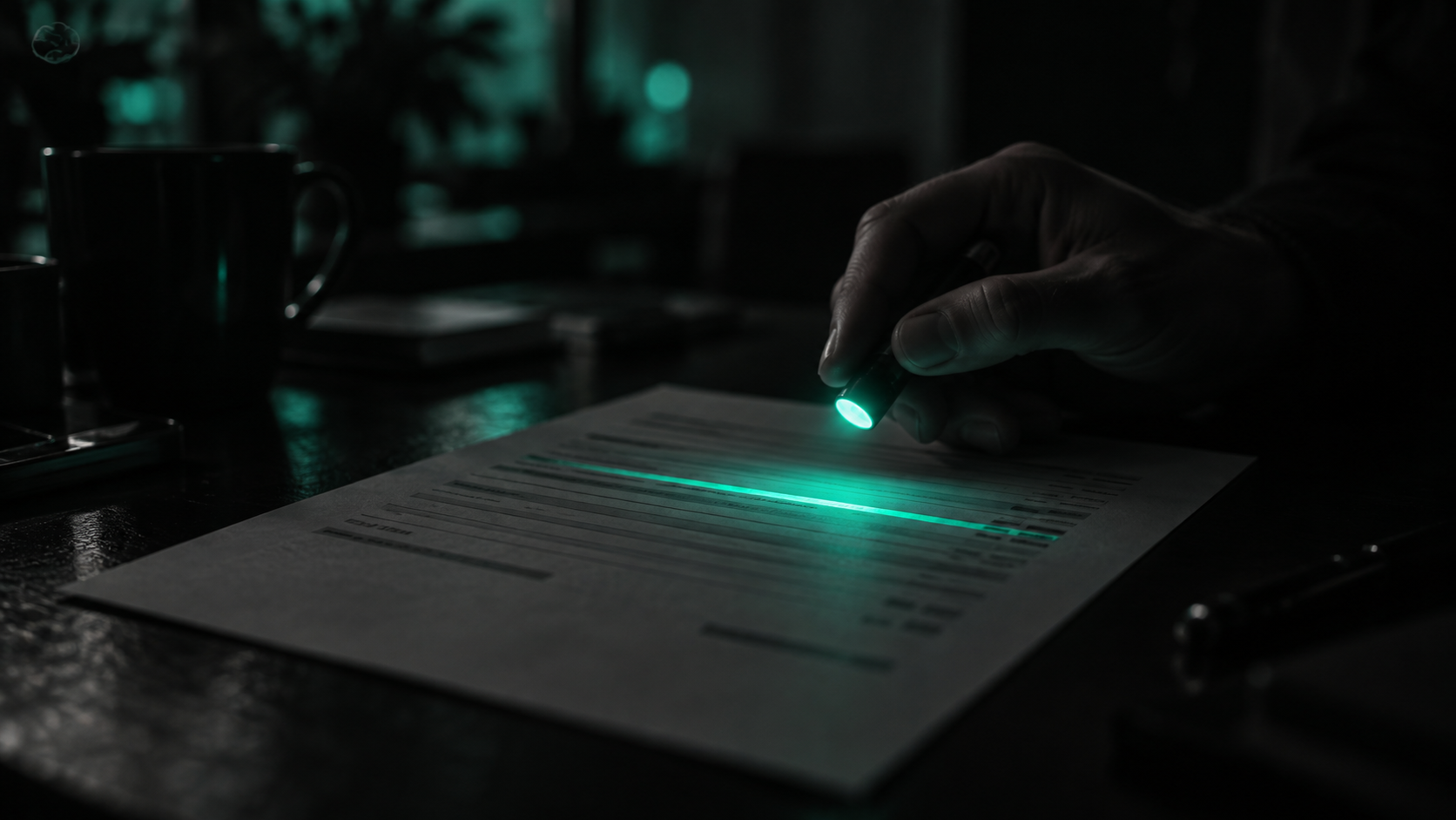 A dark invoice with several line items, one item glowing teal and highlighted by an unseen hand holding a magnifying light over it, the rest dim