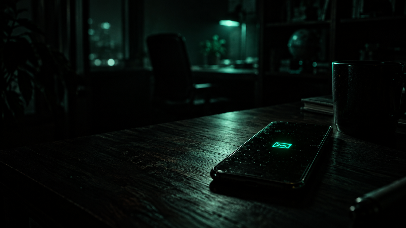 A smartphone lying face-up on a dark desk, its screen glowing teal with a single untouched message notification, a thin shaft of light revealing dust settled on the glass