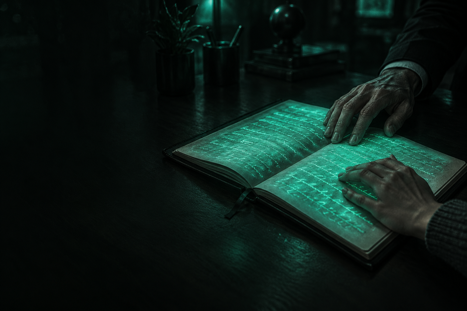 A glowing teal shared notebook on a desk, two silhouettes reading the same page at once