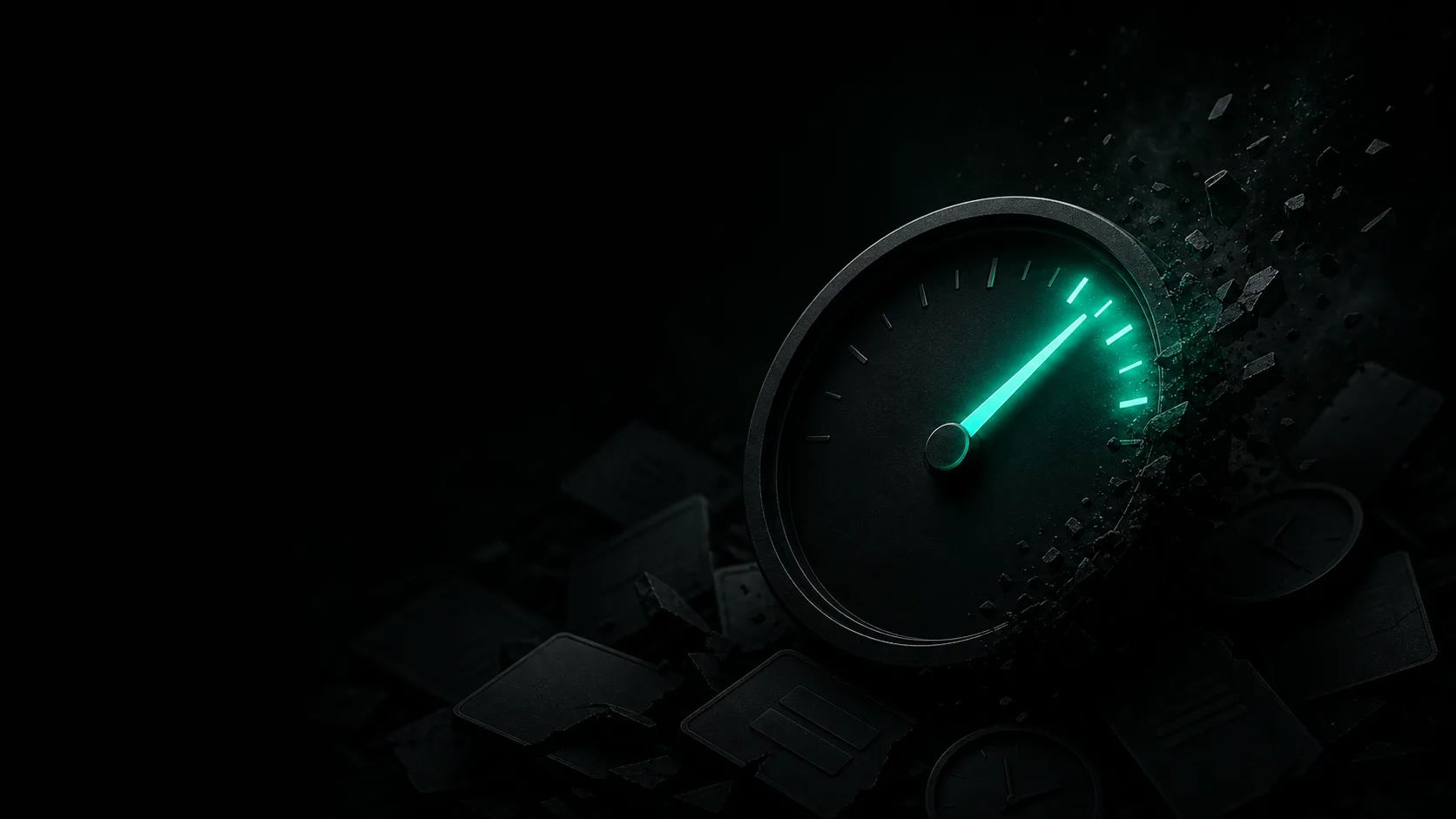 A single glowing teal needle on a gauge swinging toward growth, surrounded by dark, discarded subscription and task icons — the one thing that moves the needle