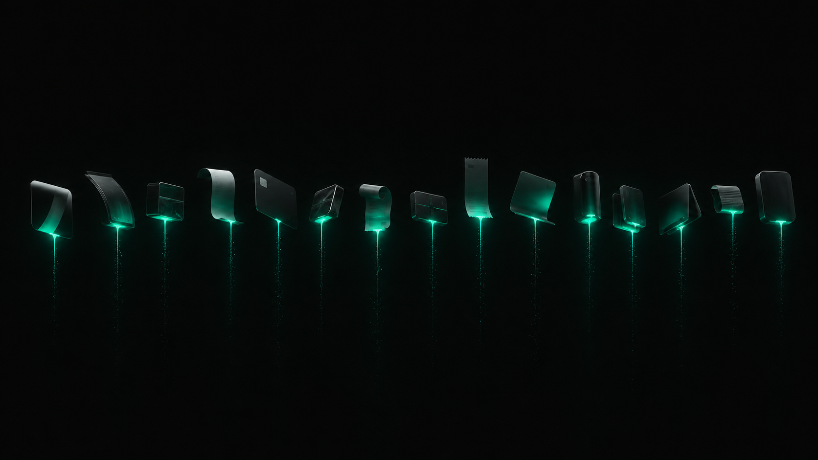 A row of small subscription cards each quietly draining a thin stream of teal light into the dark — many small leaks that never show up as one number