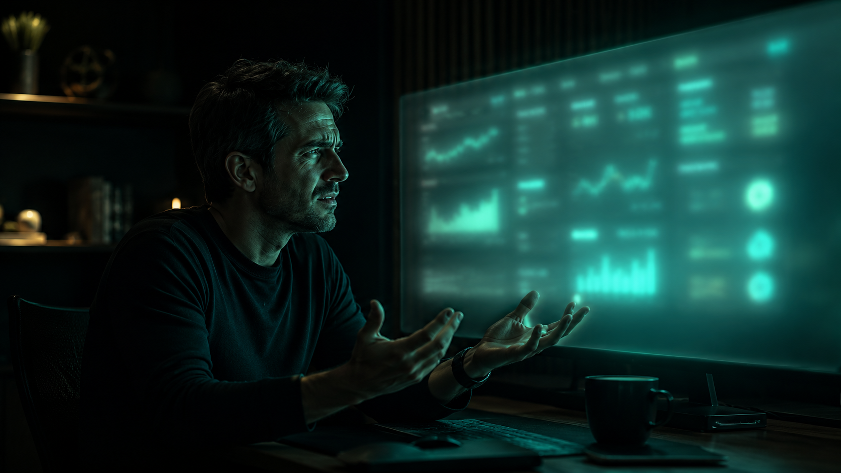 A business owner squinting at a foggy, unreadable dashboard — running on feeling instead of facts
