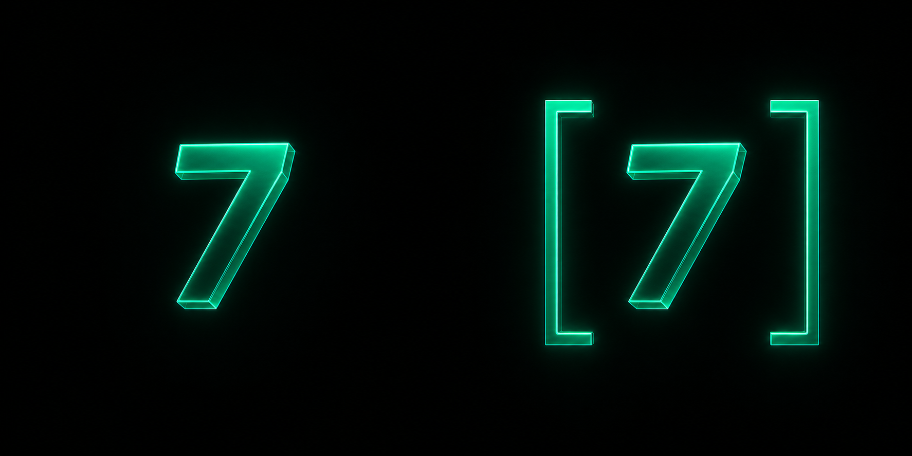 Split image: on the left a lone glowing teal number floats in black empty space with nothing around it; on the right the identical number sits inside a glowing teal frame built from two smaller connected shapes