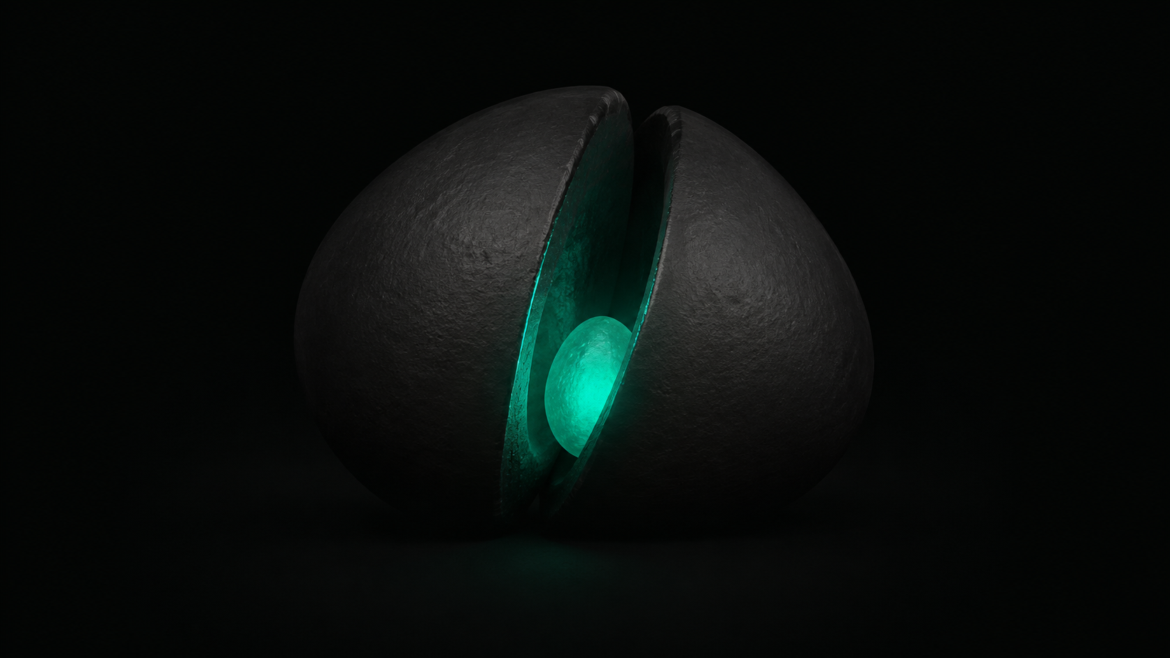 A single dark object split open to reveal a second smaller glowing teal object nested quietly inside it, unnoticed