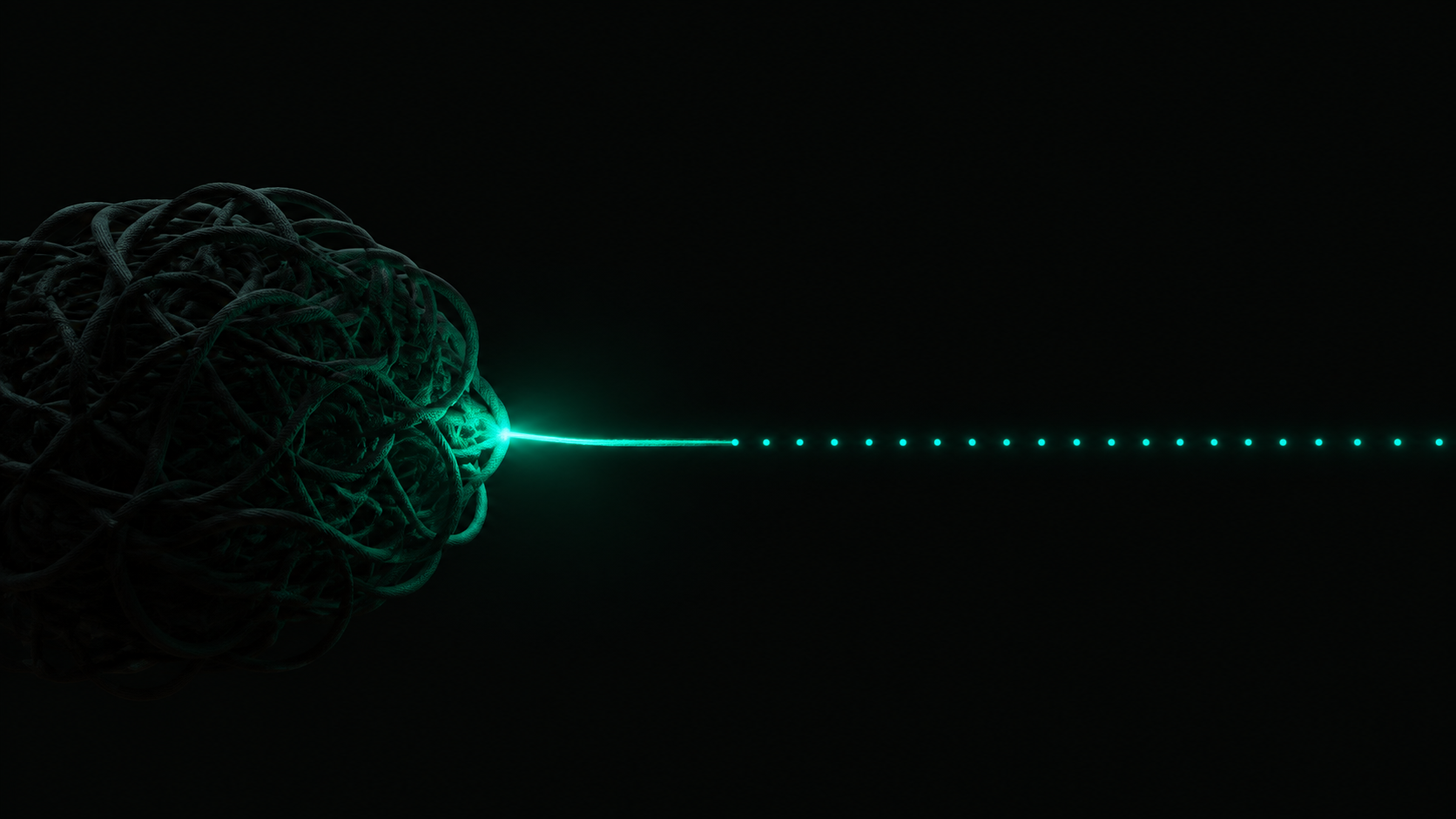 A single glowing teal thread pulled out of a dark tangled knot, extending outward into a clean, evenly repeating dotted path