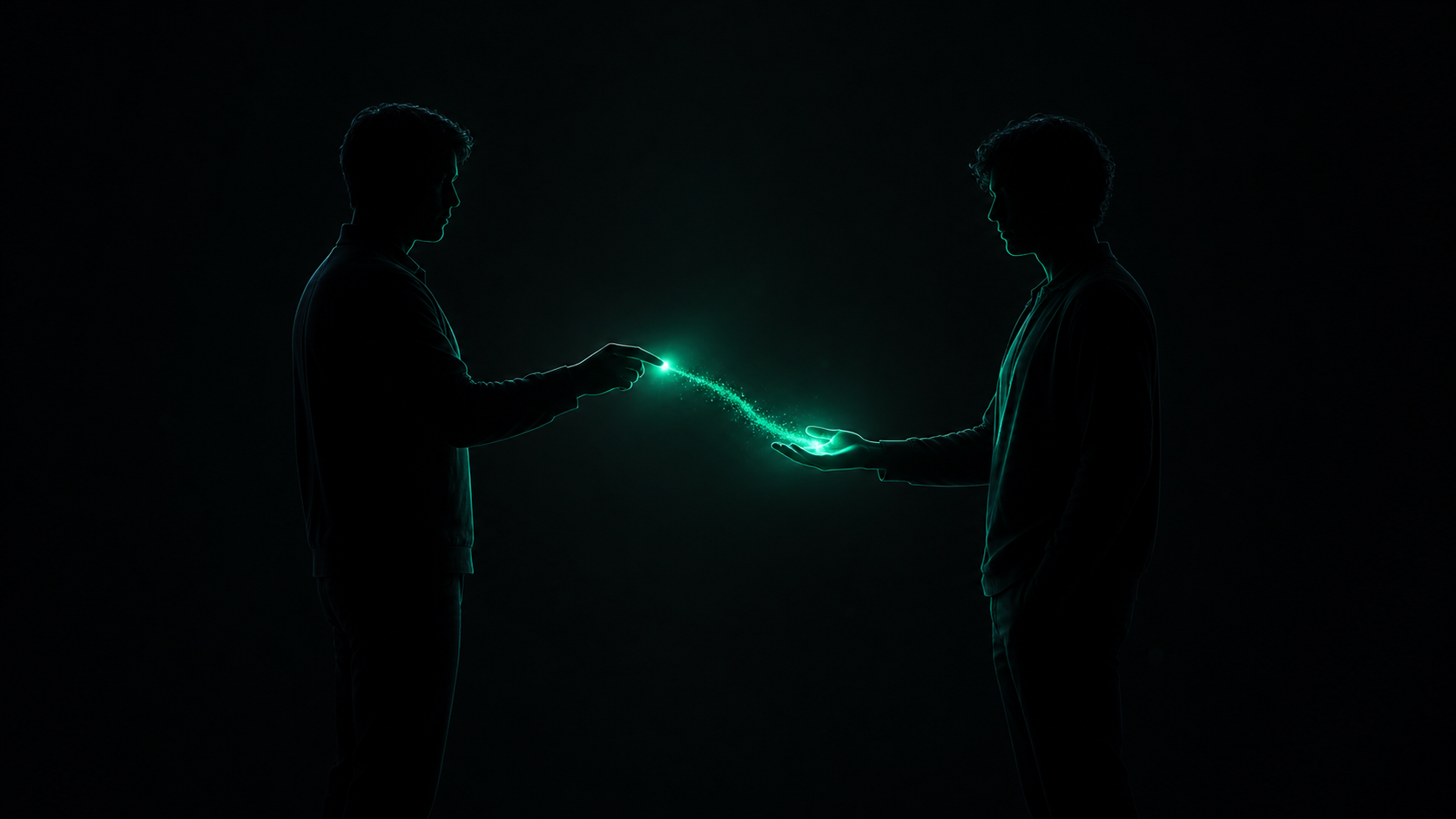 One dark silhouette figure passing a small glowing teal spark directly to a second silhouette figure standing nearby