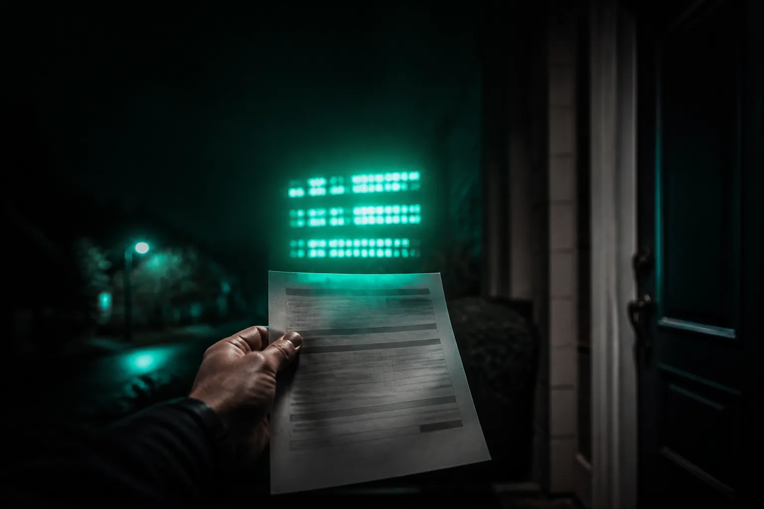 A hand holding a printed invoice at a customer's front door, a second brighter teal number glowing just above the printed total as the original number fades into shadow beneath it