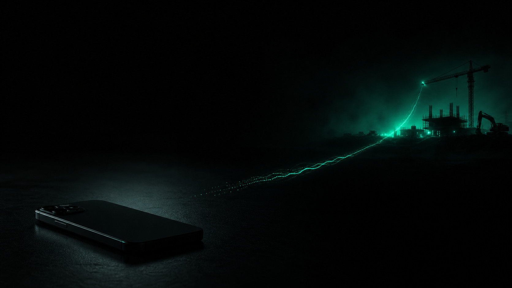 A glowing teal signal fading into black before it reaches a dark, silent phone