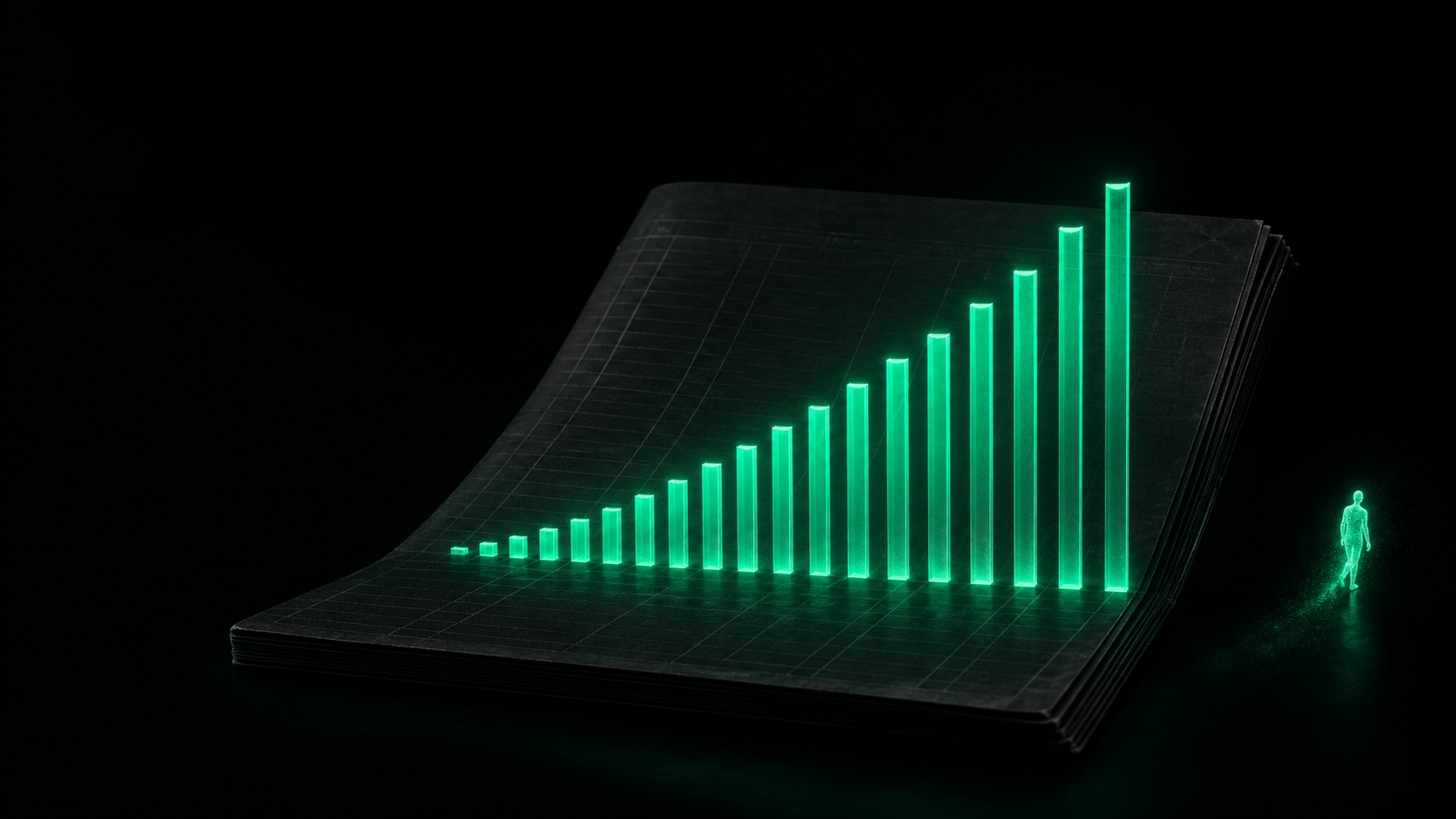 A dark shop ledger glowing with a bar chart of teal revenue climbing upward, while a single teal humanoid silhouette quietly turns and fades into the black at the page's edge, unnoticed