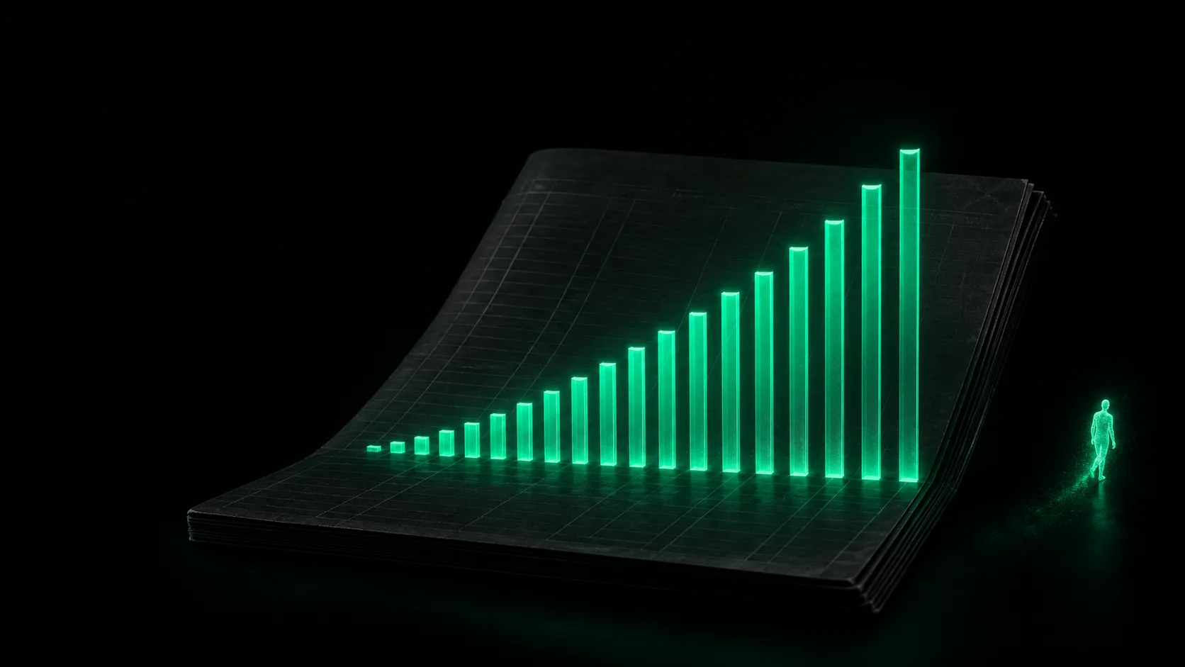 A dark shop ledger glowing with a bar chart of teal revenue climbing upward, while a single teal humanoid silhouette quietly turns and fades into the black at the page's edge, unnoticed