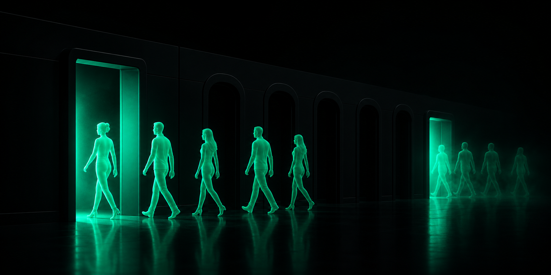 A row of dark storefront doors; new teal-glowing customer figures walk in one after another, filling the gaps left by fading figures quietly slipping out unnoticed on the other side