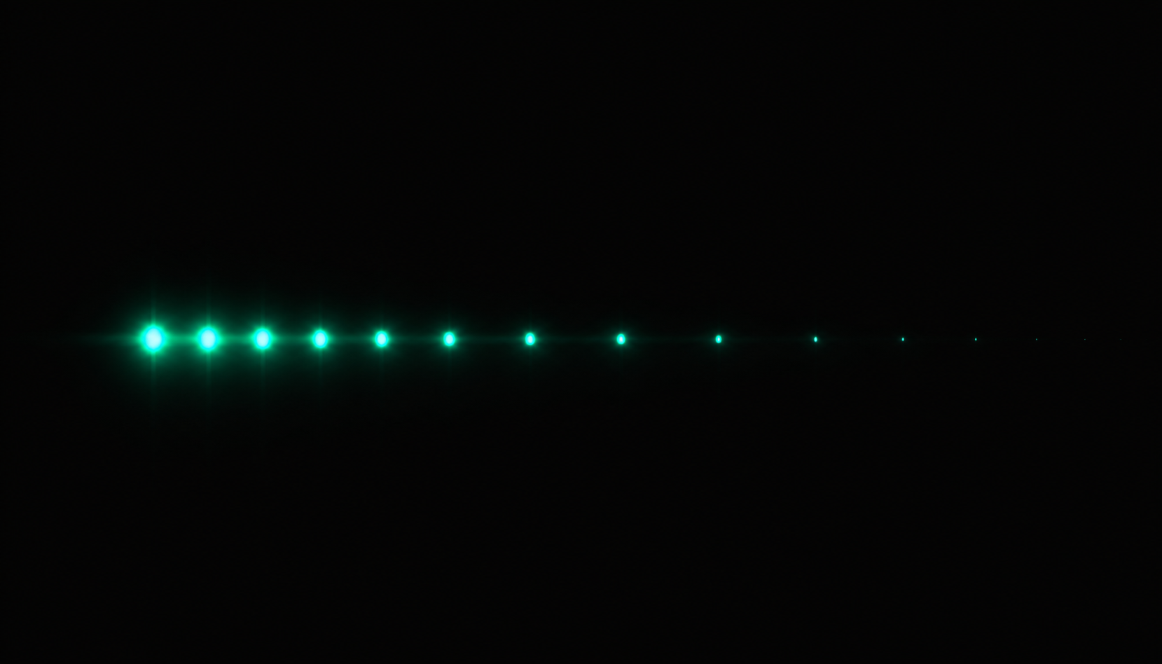 A glowing teal line of evenly spaced pulses that gradually widens and dims toward the right, the last pulse barely visible before fading into black