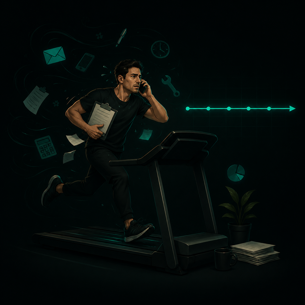 A business owner running on a treadmill going nowhere while the growth chart behind them stays flat — all effort, no movement