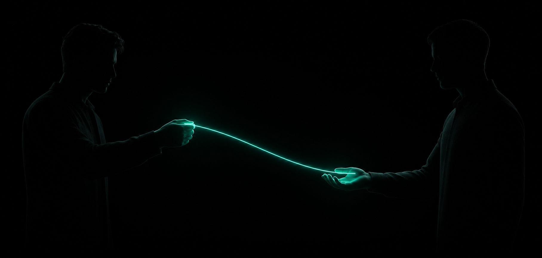 A single glowing teal thread passing cleanly from one silhouette's hand to another's