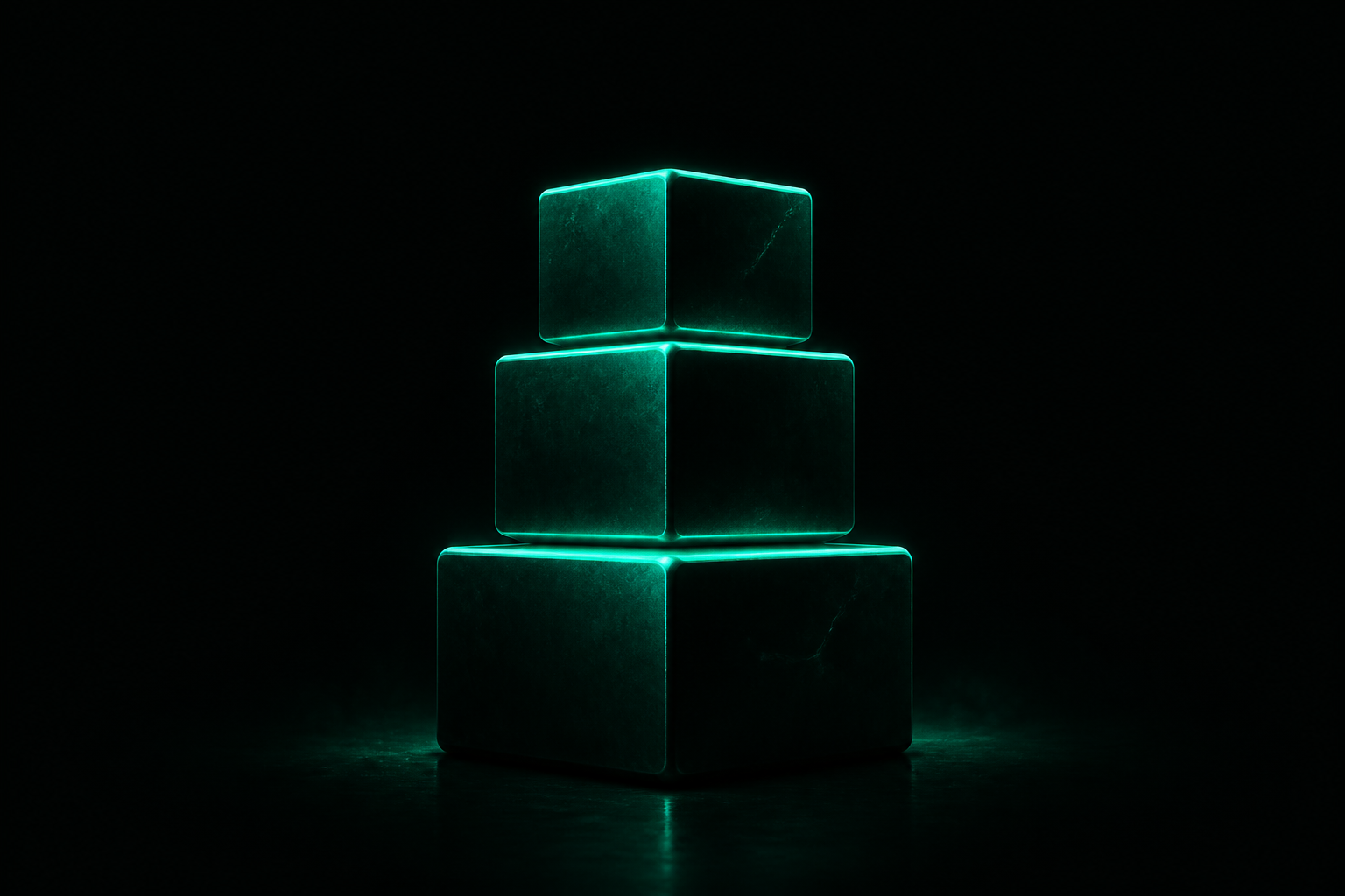 Three glowing teal weights stacking on top of each other in the dark