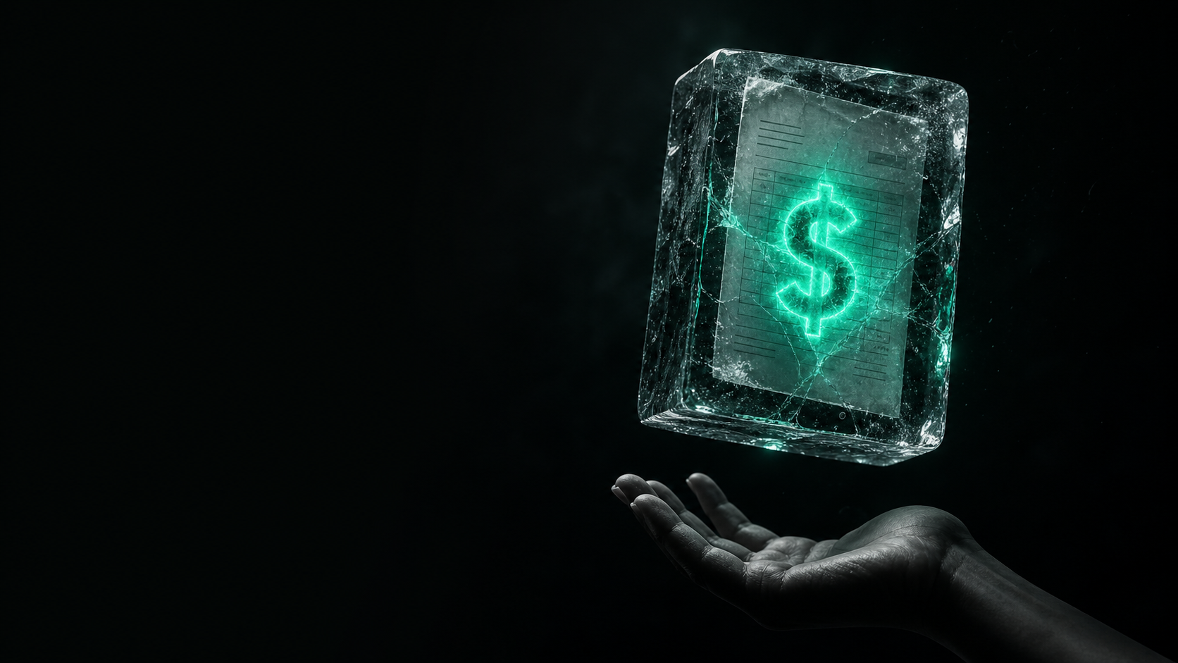 A paper invoice frozen mid-air like a block of ice, a teal dollar sign glowing and trapped inside it, unable to reach an open hand waiting in the dark below