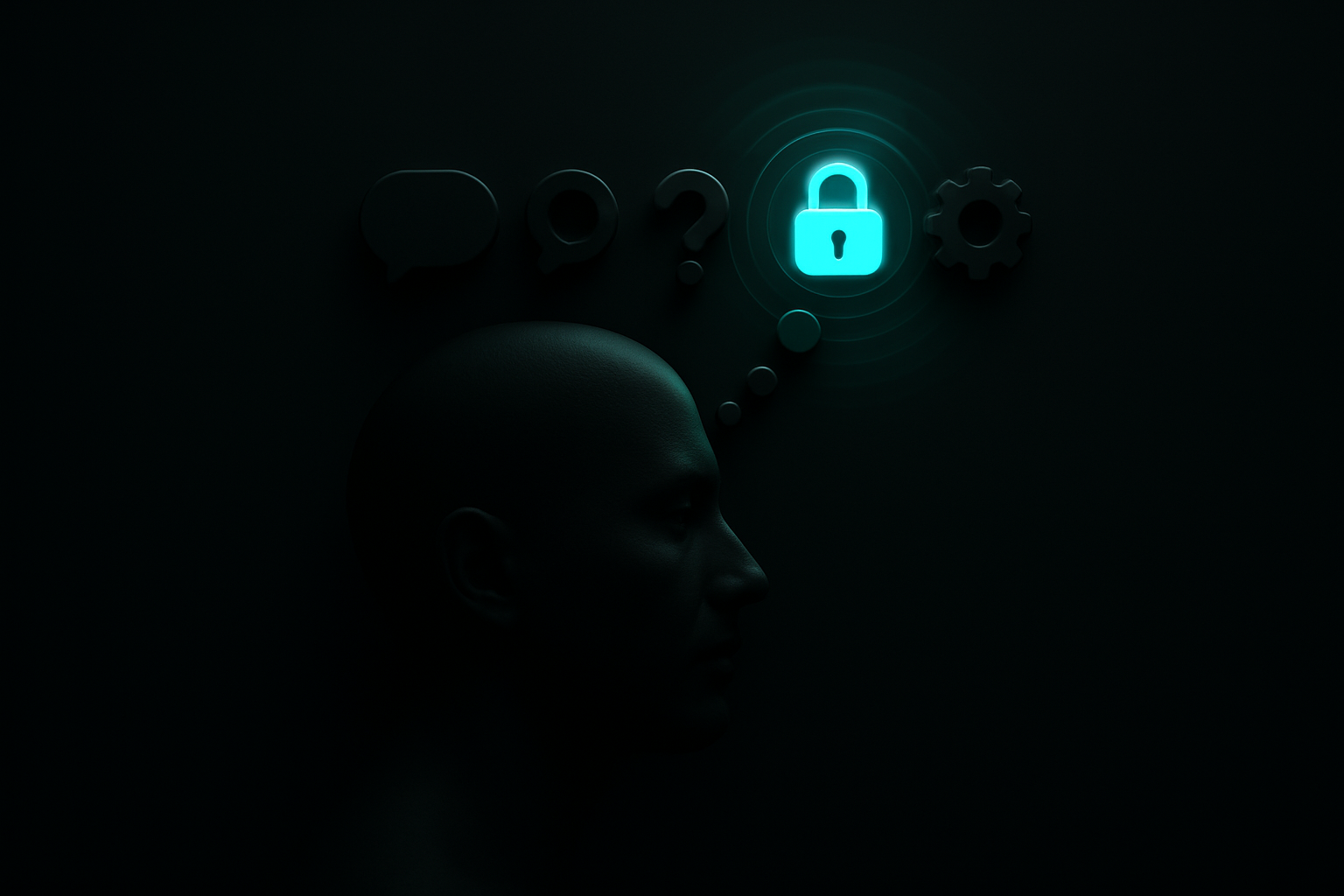 A customer's dark thought bubble with one glowing teal icon repeating while four other icons beside it stay unlit