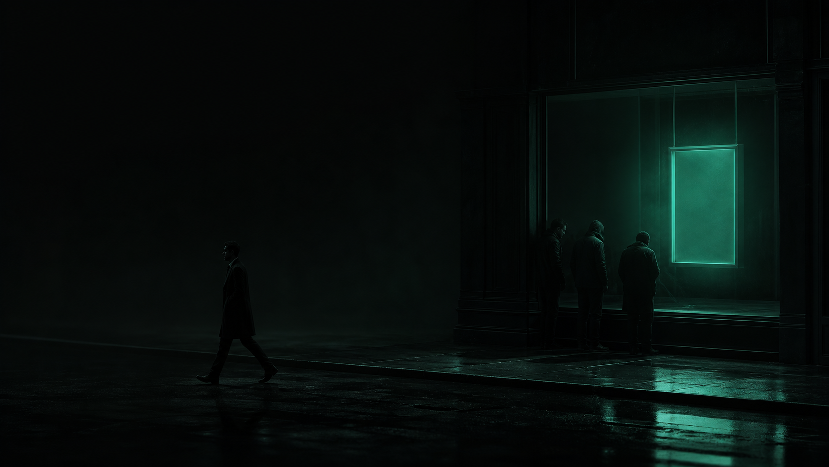 A dim, glowing teal HELP WANTED sign in a dark window, its light reaching only a few nearby figures while a calm, confident figure walks past outside its reach