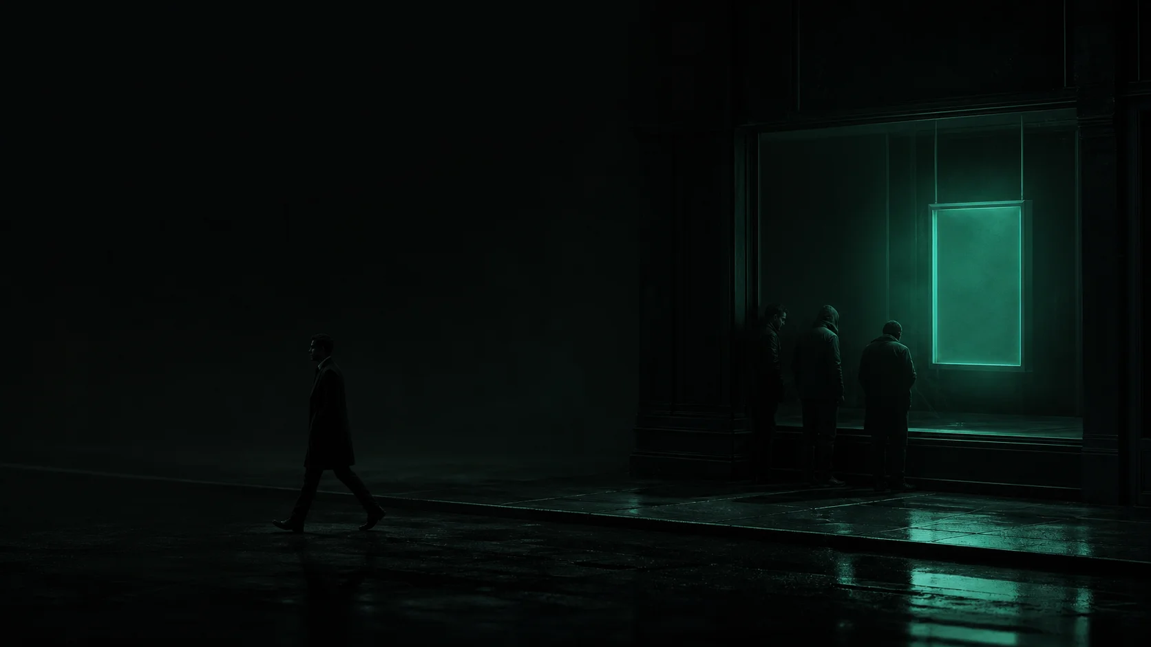 A dim, glowing teal HELP WANTED sign in a dark window, its light reaching only a few nearby figures while a calm, confident figure walks past outside its reach