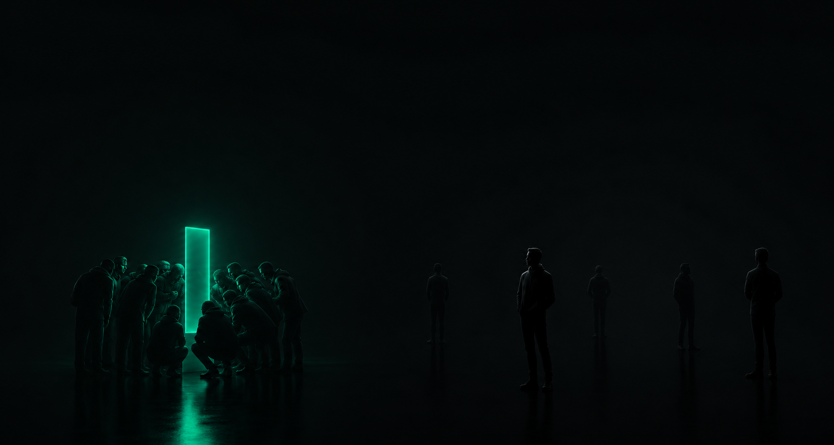 A dim teal glow from a job posting reaching only a few nearby figures, while calm, confident figures stand further off, untouched by the light