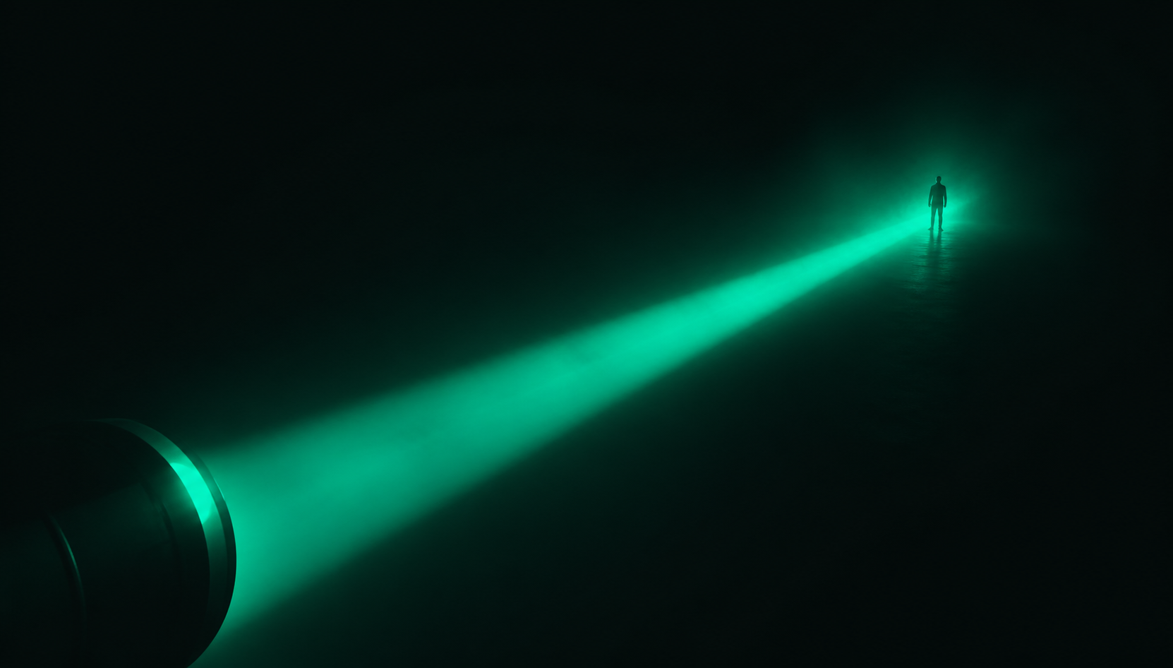 A strong, wide teal beacon now reaching far into the dark, illuminating a calm, confident figure who wasn't reached before