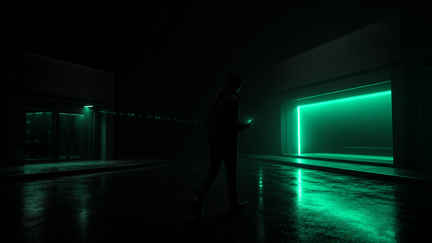 A figure looking at a phone with a thin, weak teal signal from one storefront, while a brighter signal glows from a competitor's storefront across the street