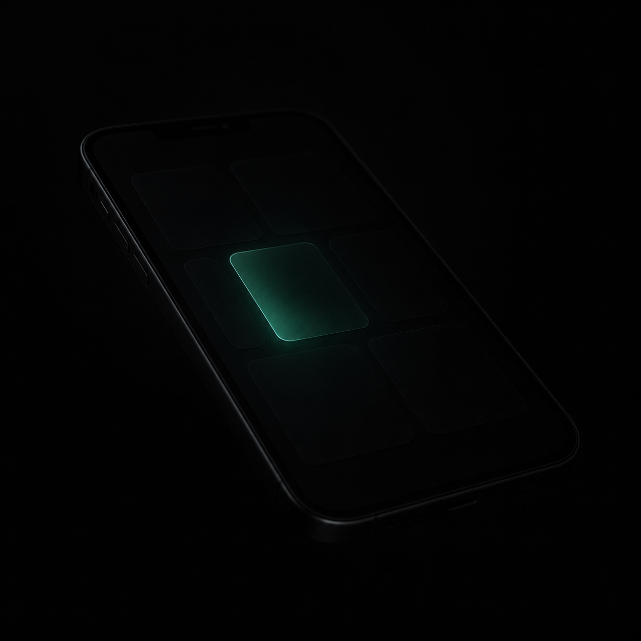 A single glowing teal contact card dimming out on a dark phone screen while other cards around it are already dark