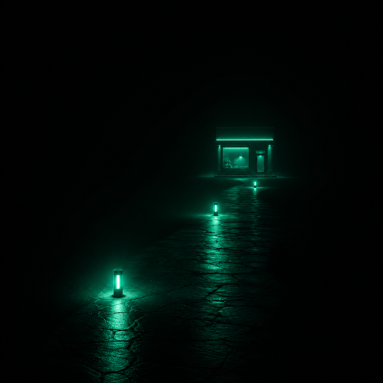 Three glowing teal beacons lighting a path through darkness toward a small lit storefront