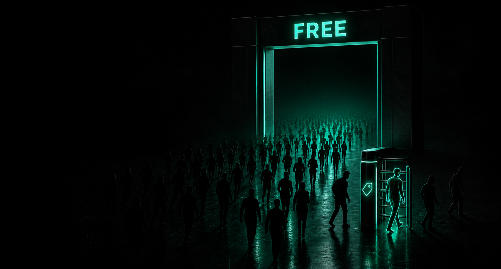 A wide-open dark gateway glowing with a teal FREE sign above it, a flood of small dark undefined silhouettes pouring through it in every direction, while off to the side a narrow teal-lit turnstile with a small price tag glyph lets through a single clear, detailed figure