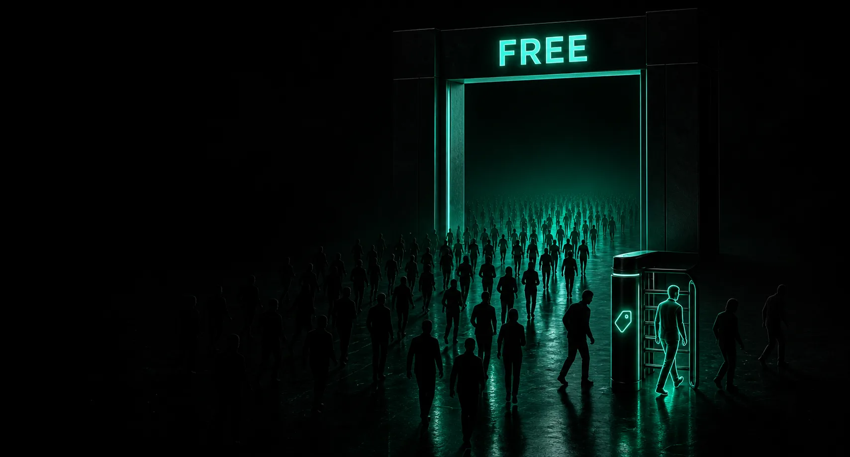 A wide-open dark gateway glowing with a teal FREE sign above it, a flood of small dark undefined silhouettes pouring through it in every direction, while off to the side a narrow teal-lit turnstile with a small price tag glyph lets through a single clear, detailed figure