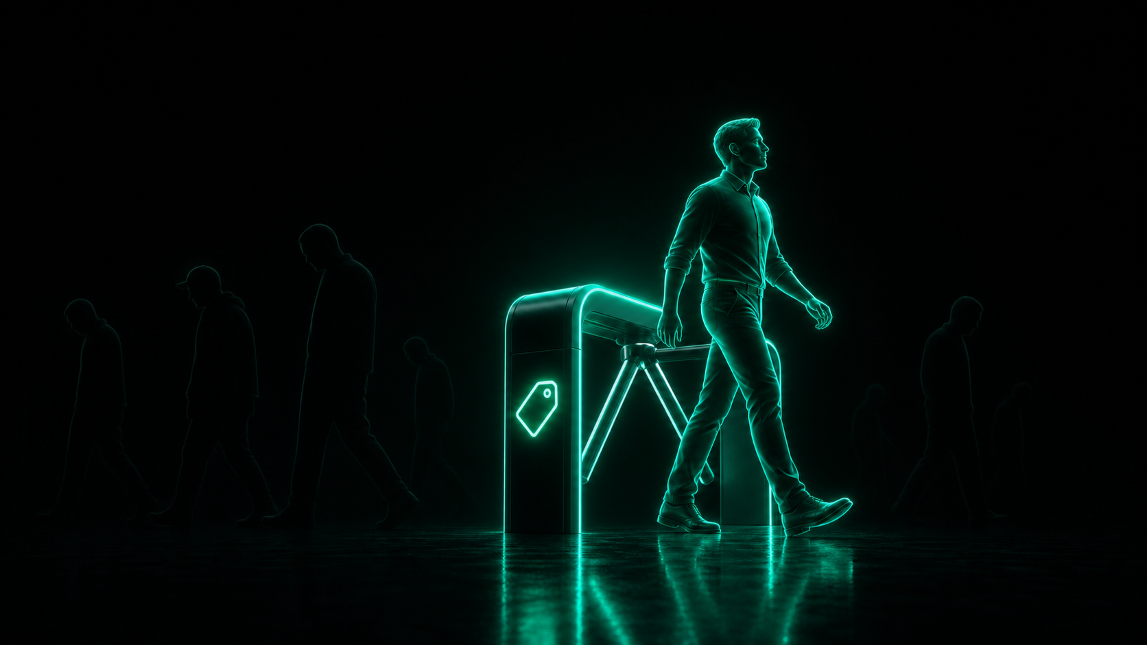 A narrow glowing teal turnstile gate with a small price tag icon at its center, one clear detailed figure passing through while several flat dark silhouettes turn away outside it